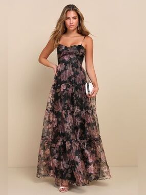 New w/Flaw Lulus Exclusive Glamour Black Floral Organza Tiered Maxi Dress Small
